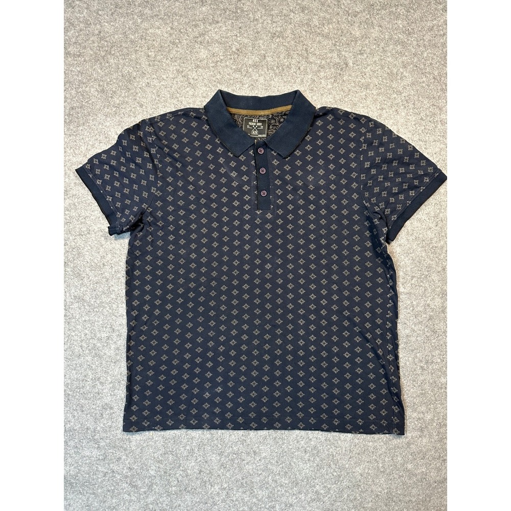 MBX Premium Goods Mens Navy Blue Geometric Floral Print Polo Shirt Size Medium